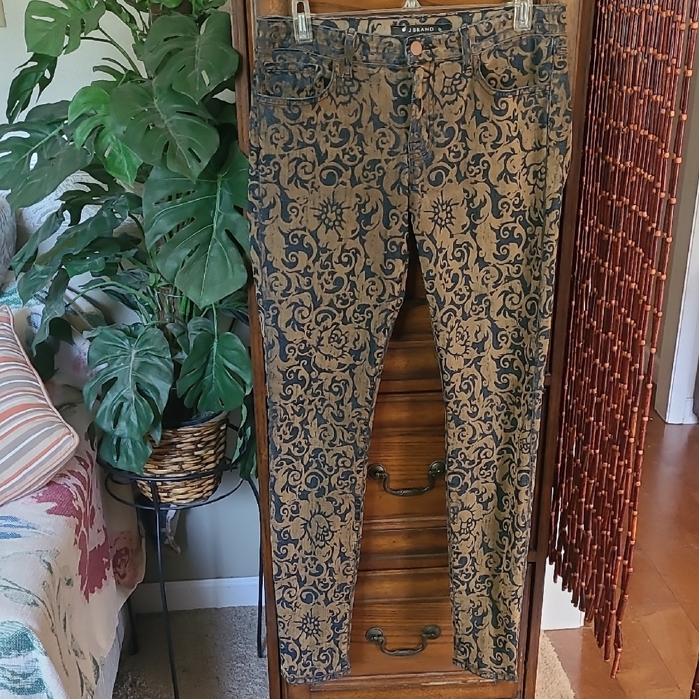 J Brand Gold and Blue Brocade Skinny Jeans Size 29